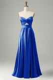 Black Strapless Cut Out Satin A Line Lace Up Long Bridesmaid Dress