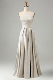Black Strapless Cut Out Satin A Line Lace Up Long Bridesmaid Dress