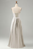 Black Strapless Cut Out Satin A Line Lace Up Long Bridesmaid Dress