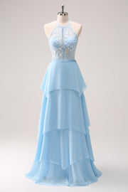 Blue Halter See-through Chiffon Tiered Bridesmaid Dress