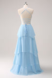 Blue Halter See-through Chiffon Tiered Bridesmaid Dress