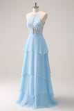 Blue Halter See-through Chiffon Tiered Bridesmaid Dress