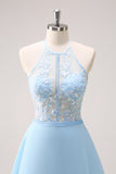 Blue Halter See-through Chiffon Tiered Bridesmaid Dress