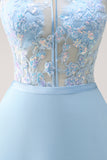 Blue Halter See-through Chiffon Tiered Bridesmaid Dress