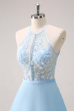 Blue Halter See-through Chiffon Tiered Bridesmaid Dress