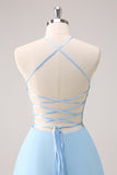 Blue Halter See-through Chiffon Tiered Bridesmaid Dress
