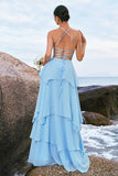Blue Halter See-through Chiffon Tiered Bridesmaid Dress