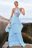 Blue Halter Corset Applique Chiffon Tiered Bridesmaid Dress
