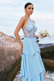Blue Halter Corset Applique Chiffon Tiered Bridesmaid Dress