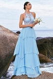 Blue Halter Corset Applique Chiffon Tiered Bridesmaid Dress