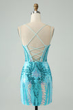 Spaghetti Straps Corset Blue Sequins Mini Prom Dress