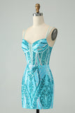 Spaghetti Straps Corset Blue Sequins Mini Prom Dress
