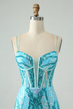 Spaghetti Straps Corset Blue Sequins Mini Prom Dress