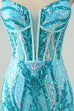 Spaghetti Straps Corset Blue Sequins Mini Prom Dress