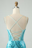 Spaghetti Straps Corset Blue Sequins Mini Prom Dress