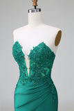 Dark Green Deep V Neck Applique Satin Mini Prom Dress