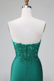 Dark Green Deep V Neck Applique Satin Mini Prom Dress