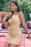 Sparkly Golden Tight Spaghetti Straps Backless Prom Dress with Sequins