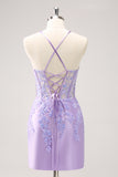 Lilac Corset Boning Applique Tight Short Prom Dress with Sequins