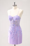 Lilac Corset Boning Applique Tight Short Prom Dress with Sequins