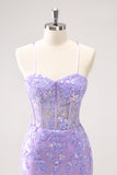 Lilac Corset Boning Applique Tight Short Prom Dress with Sequins