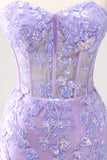 Lilac Corset Boning Applique Tight Short Prom Dress with Sequins