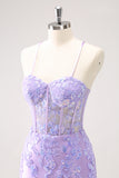 Lilac Corset Boning Applique Tight Short Prom Dress with Sequins
