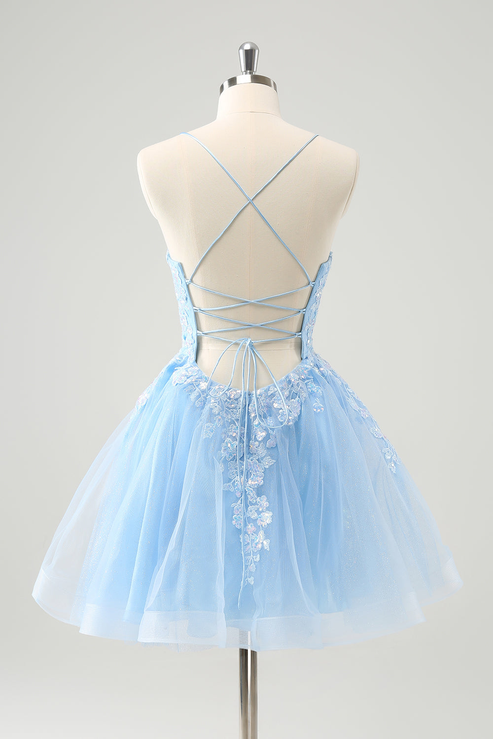 Leely Women Cute Glitter Blue Short Tulle Prom Dress with Appliques A Line Sequins Cocktail Party Dress leelyuk Leely Women Cute Glitter Blue Short Tulle Prom Dress with Appliques A Line Sequins Cocktail Party Dress leelyuk