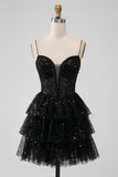 Sparkly Black Tiered Spaghetti Straps Cocktail Dress with Sequins