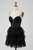 Sparkly Black Tiered Spaghetti Straps Cocktail Dress with Sequins