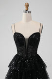 Sparkly Black Tiered Spaghetti Straps Cocktail Dress with Sequins