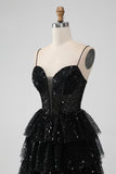 Sparkly Black Tiered Spaghetti Straps Cocktail Dress with Sequins
