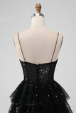 Sparkly Black Tiered Spaghetti Straps Cocktail Dress with Sequins