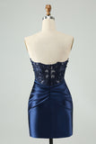Navy Strapless Applique Pleated Satin Short Prom Dress