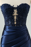 Navy Strapless Applique Pleated Satin Short Prom Dress
