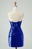 Royal Blue Sweetheart Applique Sequins Satin Mini Bodycon Prom Dress