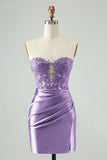 Navy Sweetheart Applique Pleated Satin Mini Prom Dress