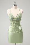 Spaghetti Straps Green Applique Bodycon Satin Short Prom Dress