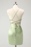 Spaghetti Straps Green Applique Bodycon Satin Short Prom Dress