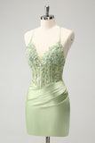 Spaghetti Straps Green Applique Bodycon Satin Short Prom Dress