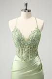 Spaghetti Straps Green Applique Bodycon Satin Short Prom Dress