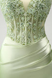 Spaghetti Straps Green Applique Bodycon Satin Short Prom Dress