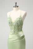 Spaghetti Straps Green Applique Bodycon Satin Short Prom Dress