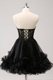 Cute Black A Line Corset Strapless Ruffled Short Prom Dress