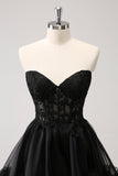 Cute Black A Line Corset Strapless Ruffled Short Prom Dress