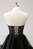 Cute Black A Line Corset Strapless Ruffled Short Prom Dress