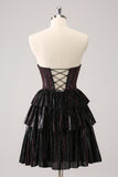 Sparkly Black Pink Sweetheart Tiered Prom Dress with Beading