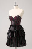 Sparkly Black Pink Sweetheart Tiered Prom Dress with Beading