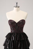 Sparkly Black Pink Sweetheart Tiered Prom Dress with Beading