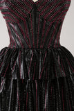 Sparkly Black Pink Sweetheart Tiered Prom Dress with Beading